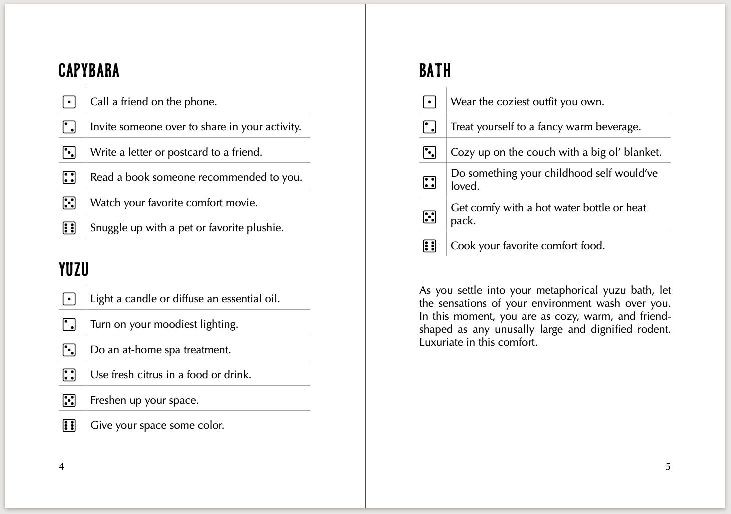 Second page spread. The dice icons in these rolling tables look more rounded, and there are lines between the items for easier reading. There is no art.