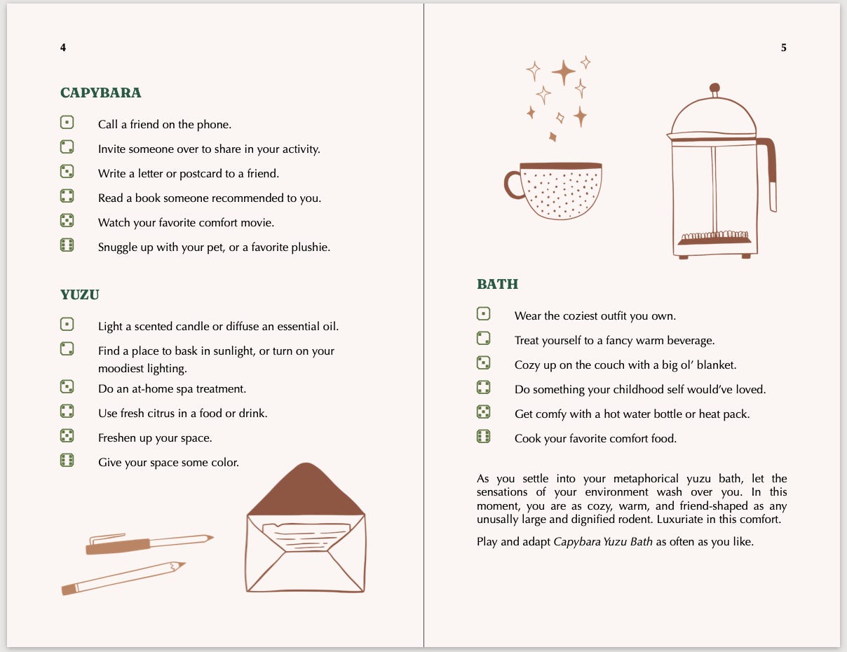 Second page spread of Capybara Yuzu Bath, with the cozy art and darker page color.