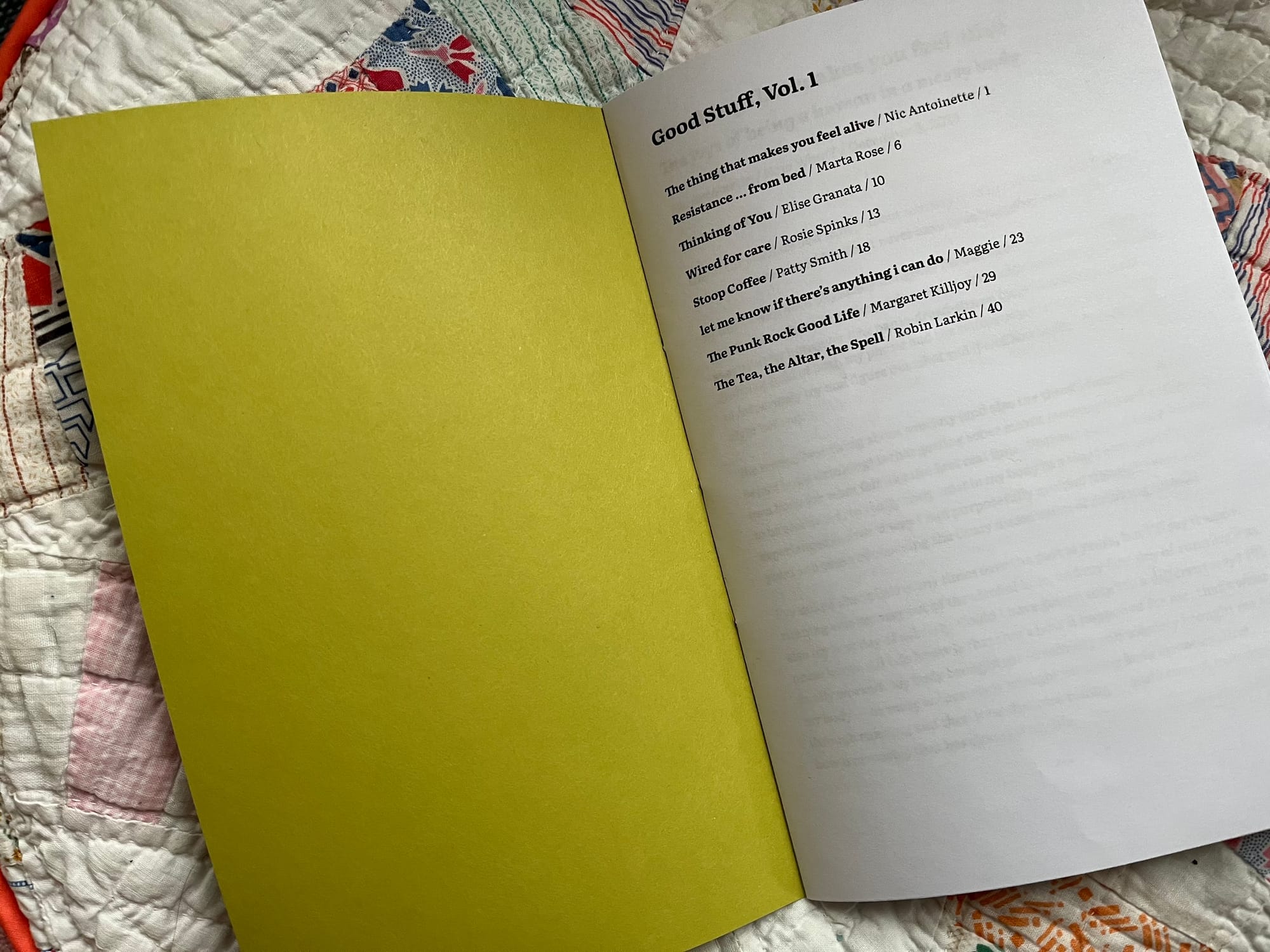 inside of the zine with the table of contents showing